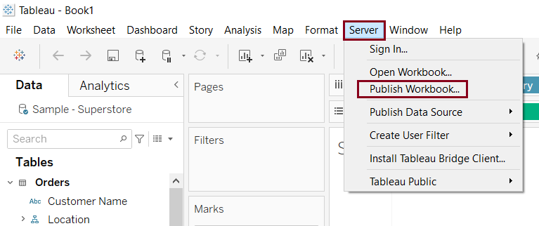 Click Server and then choose Publish Workbook