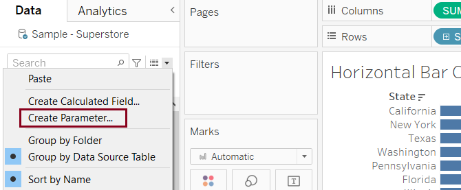 Navigate to downward-pointing arrow on your data pane and select Create Parameter