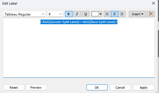 The image shows a user interface with a tableau regular label setting, featuring options to edit, insert, and apply labels, including gender and race split labels, with additional buttons to preview or cancel changes.
AI-generated content may be incorrect.