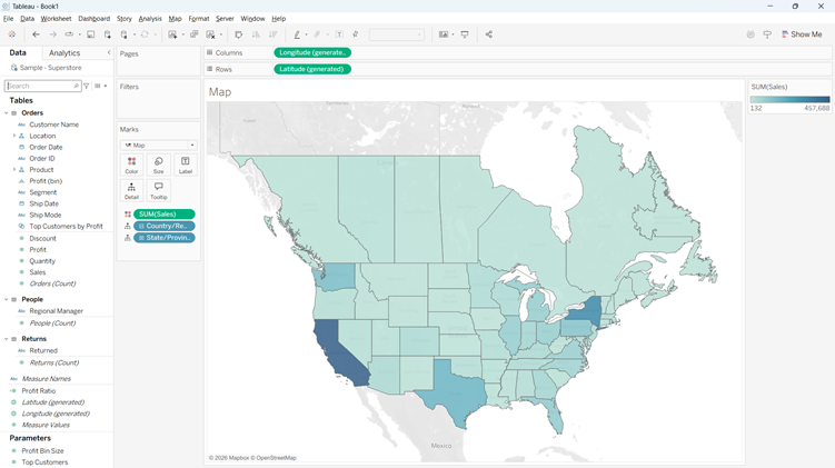 The image displays a map of the United States with various data points, such as sales, profits, and customer information, plotted on the map for data visualization.

AI-generated content may be incorrect.