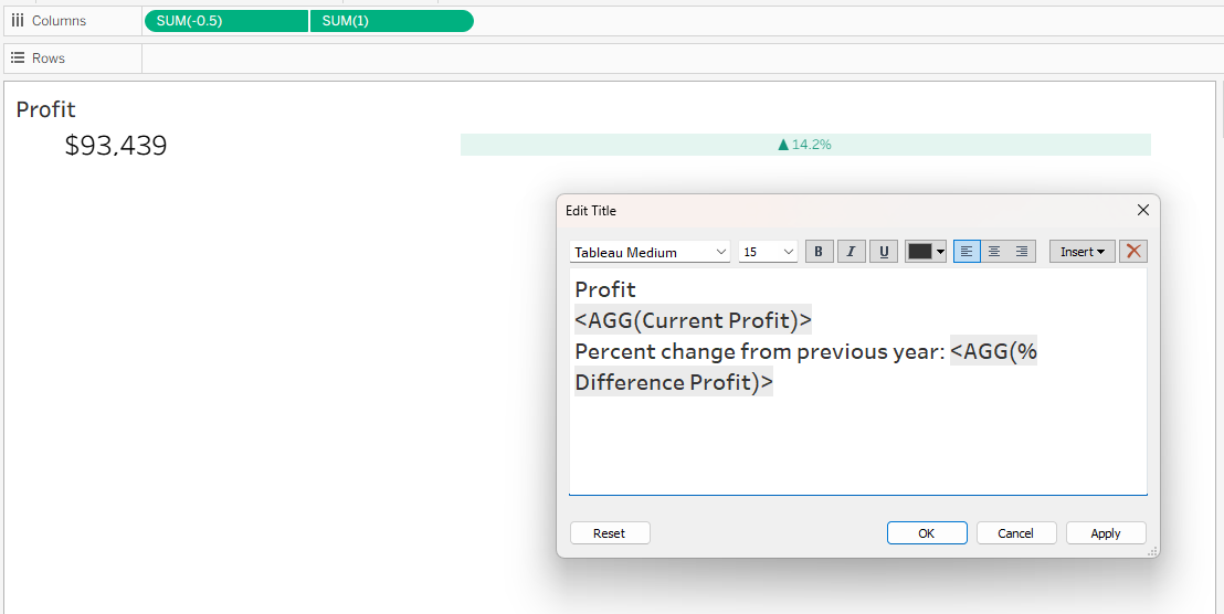 A tableau sheet using a dual access between SUM(-0.5) and SUM(1) with text applied to represent the overall profit and the change from the previous year. In this case, it makes the most sense for the important values to be in the title rather than the Alt Text.&nbsp;