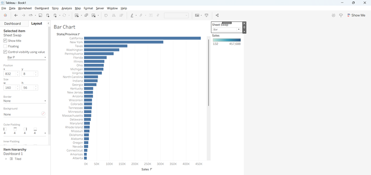 The image shows a Tableau dashboard displaying a bar chart with various states listed, their corresponding sales values, and additional options for customization.

AI-generated content may be incorrect.