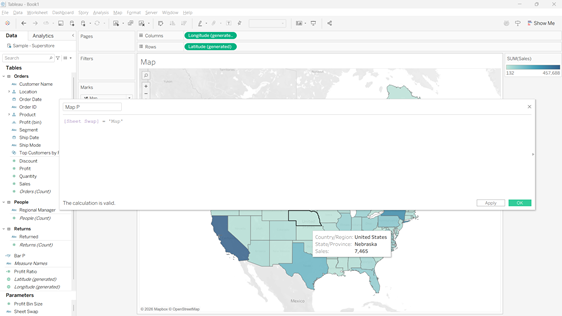 The image displays a Tableau dashboard with a map showing sales data for various regions, including North America and other locations, with filters and statistics such as total sales and profit.

AI-generated content may be incorrect.