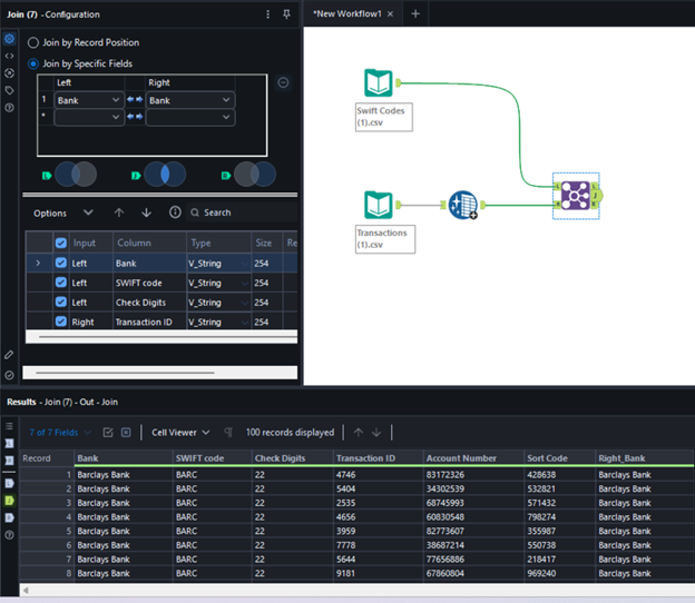 The image displays a configuration screen for a workflow involving a join operation on a CSV file, specifically focusing on fields such as bank, SWIFT code, and transaction ID.

AI-generated content may be incorrect.