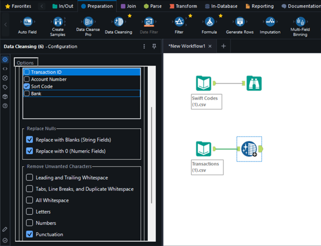 The image depicts a dashboard interface with various data cleansing and transformation options, including input fields for data preparation and configuration settings for a data workflow.

AI-generated content may be incorrect.
