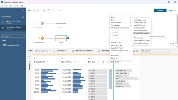 The image displays a Tableau Prep Builder interface, featuring various data preparation options and fields, including transaction details and bank account information.

AI-generated content may be incorrect.