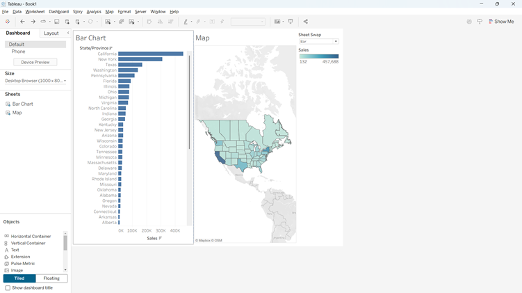 The image appears to be a Tableau dashboard featuring a map of the United States, with various data points and statistics displayed, such as sales figures and different sizes, along with a bar chart and a selection of different layout options.

AI-generated content may be incorrect.