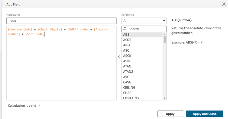 The image shows a field with various mathematical functions and an example calculation, including functions like ABS, ACOS, and ASIN, with an example of ABS(-7) resulting in 7.

AI-generated content may be incorrect.