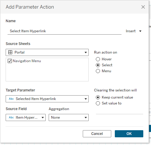 add an action that selects a hyperlink from the navigation menu and stores it in the selected item hyperlink parameter