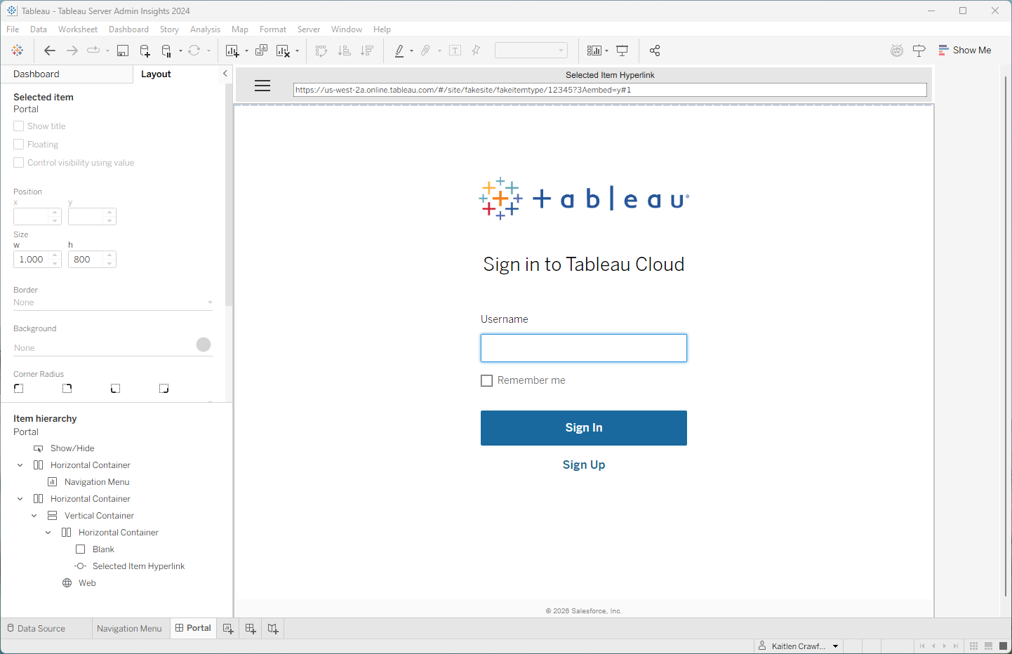 tableau desktop view of a dashboard embedded in a dashboard