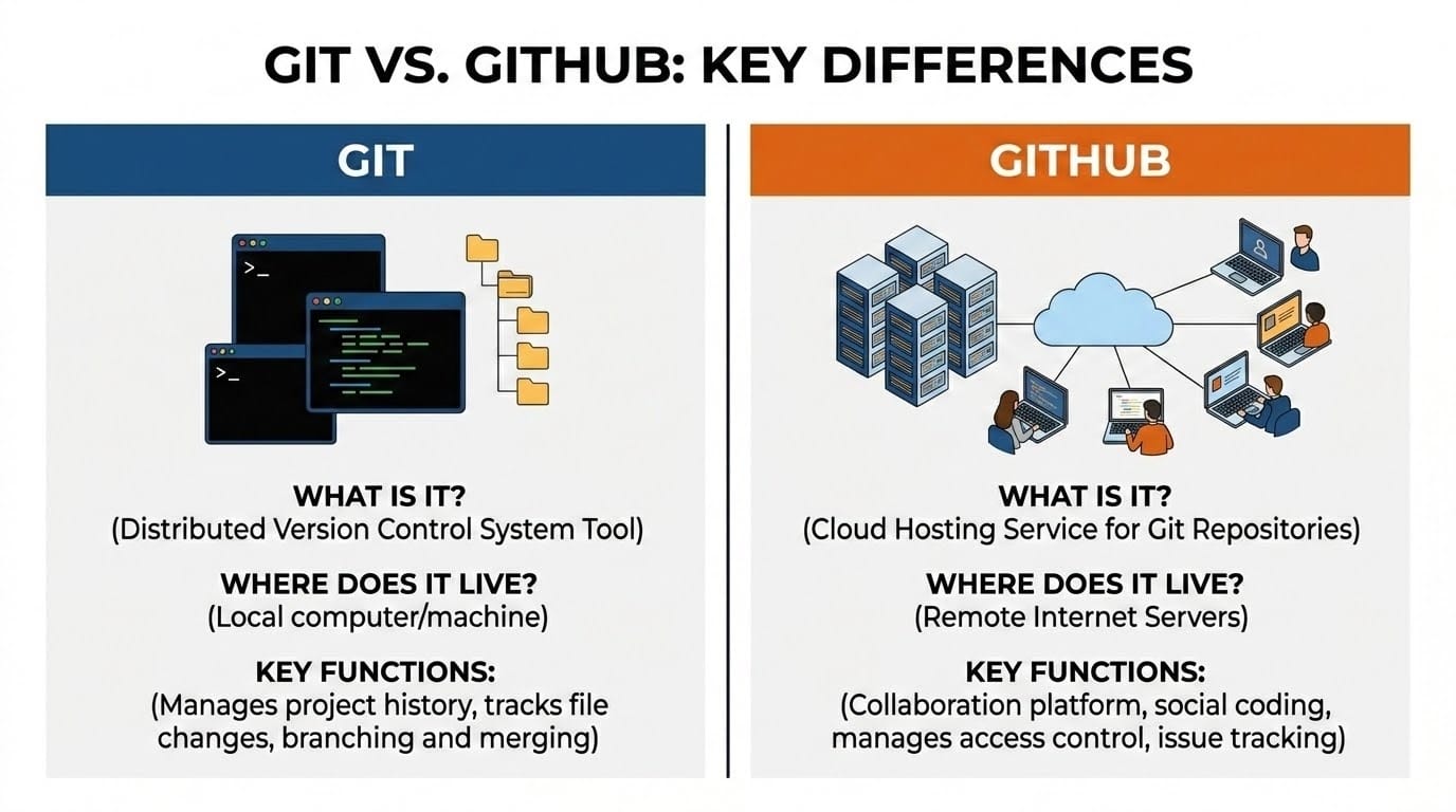 I want a single slide, split into two, that gives the differences between git & GitHub