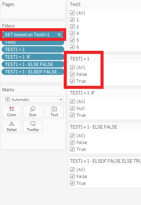 Highlight introduced SET as filter and change in options displayed in TEST1 filter