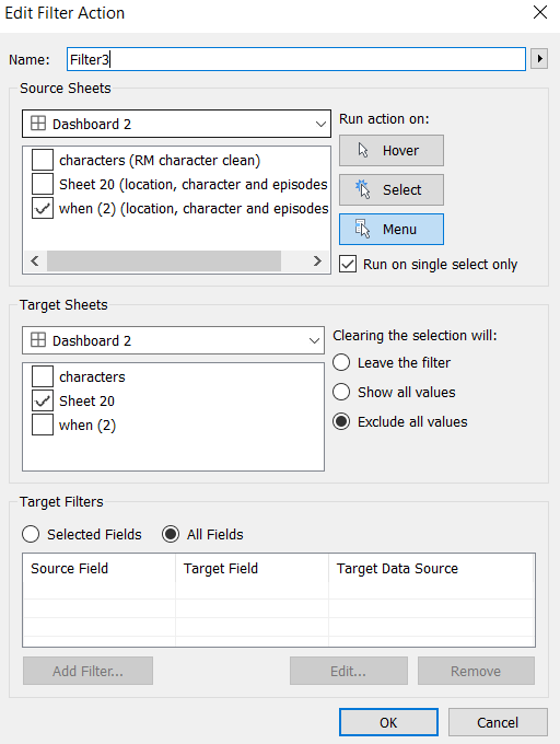 The Data School Dashboard action to hide worksheets