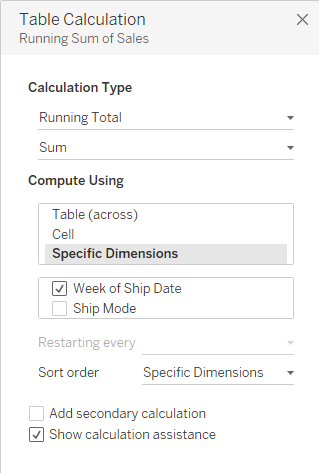 Table calculation menu